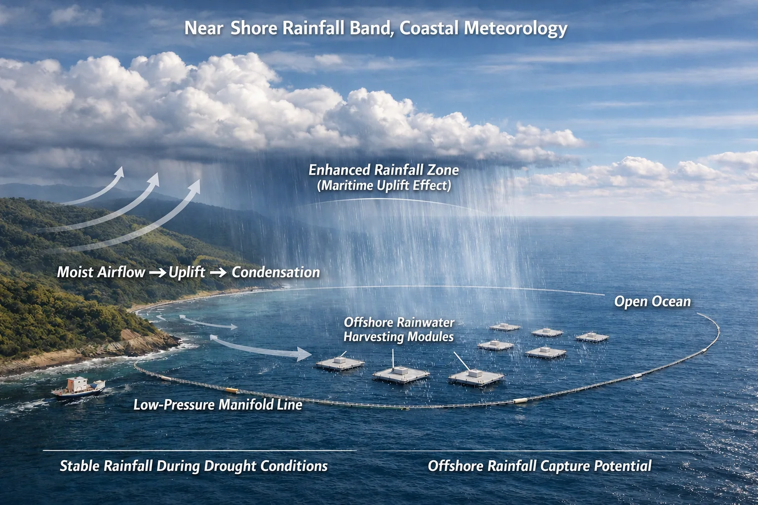 Conceptual coastal meteorology diagram showing enhanced near-shore rainfall and offshore rainwater harvesting modules