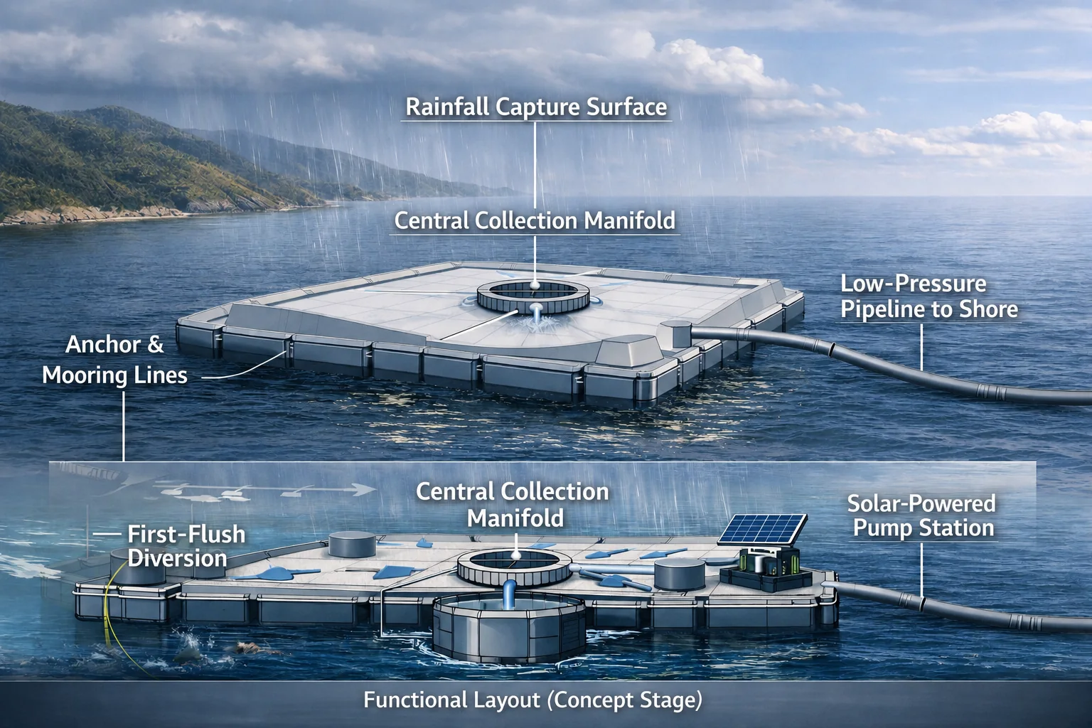 Conceptual hybrid diagram of an offshore rainfall capture surface, central manifold and low-pressure pipeline
