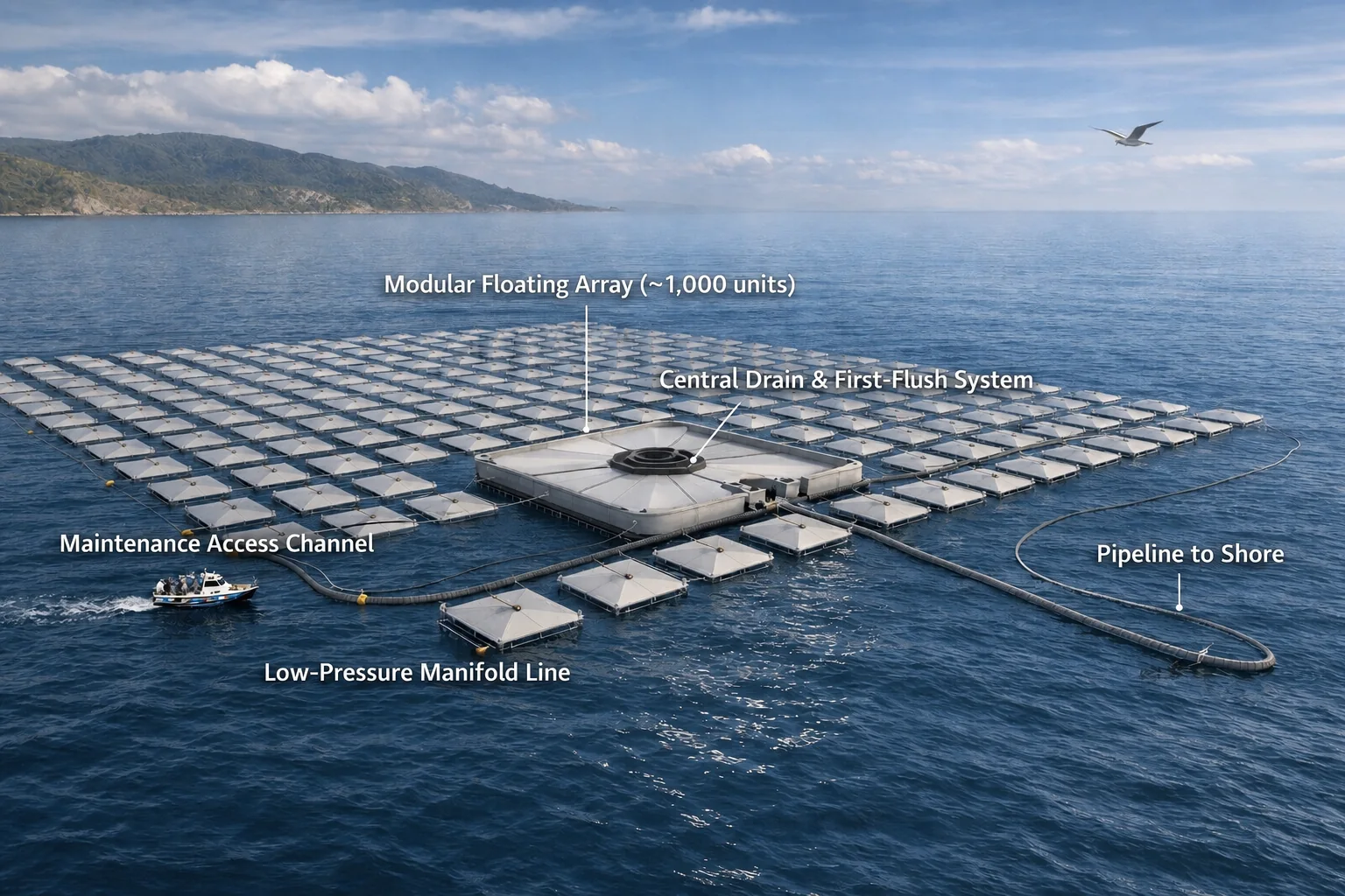Conceptual large modular offshore rainfall harvesting array with manifold lines and pipeline to shore