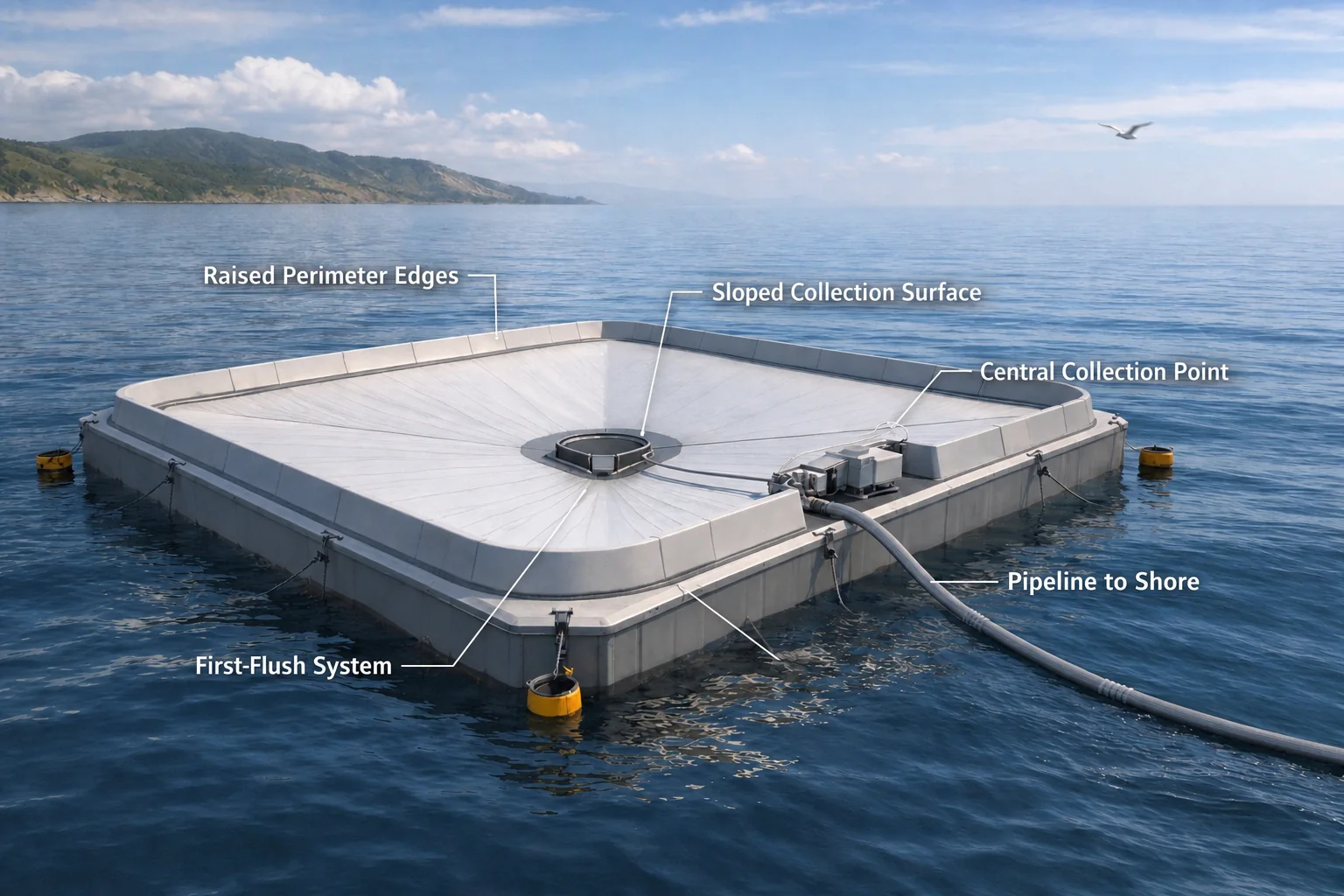 Conceptual ORH module with raised edges, sloped collection surface, central collection point and pipeline to shore